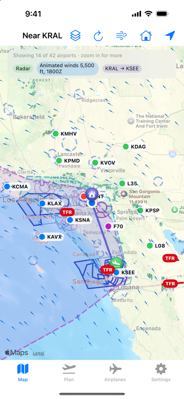 SimpleFlight home map of Southern California: airports colored by flight category, radar, animated winds aloft, Class B and C airspace, TFRs, and the planned route from Riverside to Gillespie Field